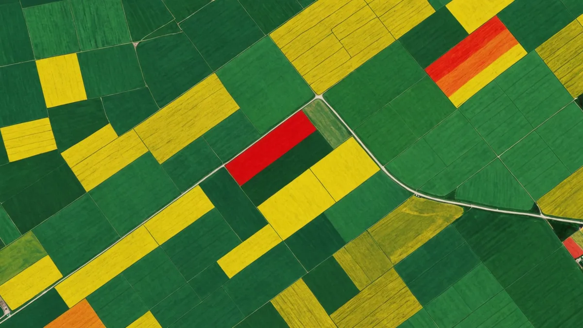 Satellite false-color NDVI image showing early corn emergence across Iowa field in April