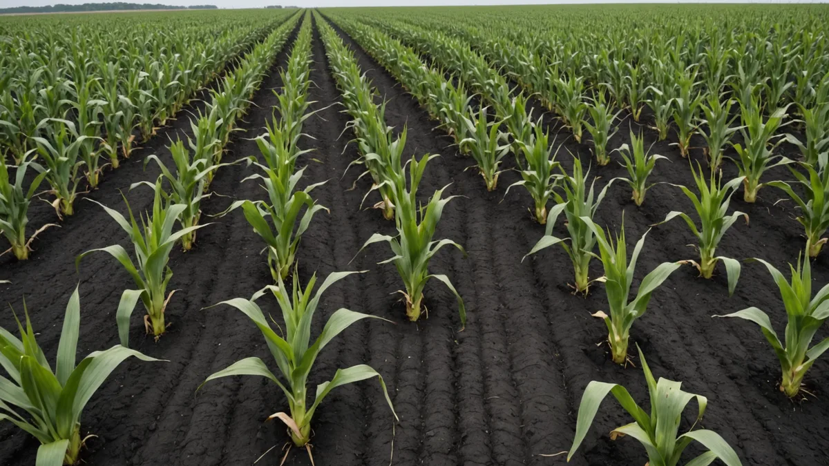 Dryland corn field in Iowa showing dry soil conditions between rows