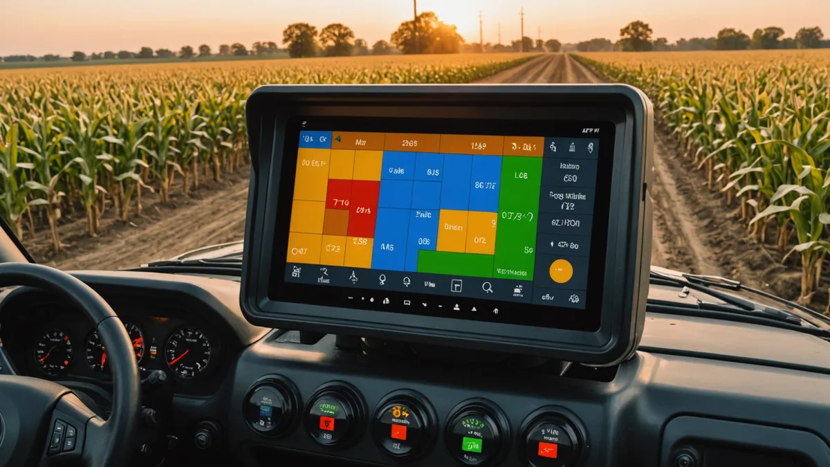 Agricultural display terminal showing prescription map file loaded in field computer