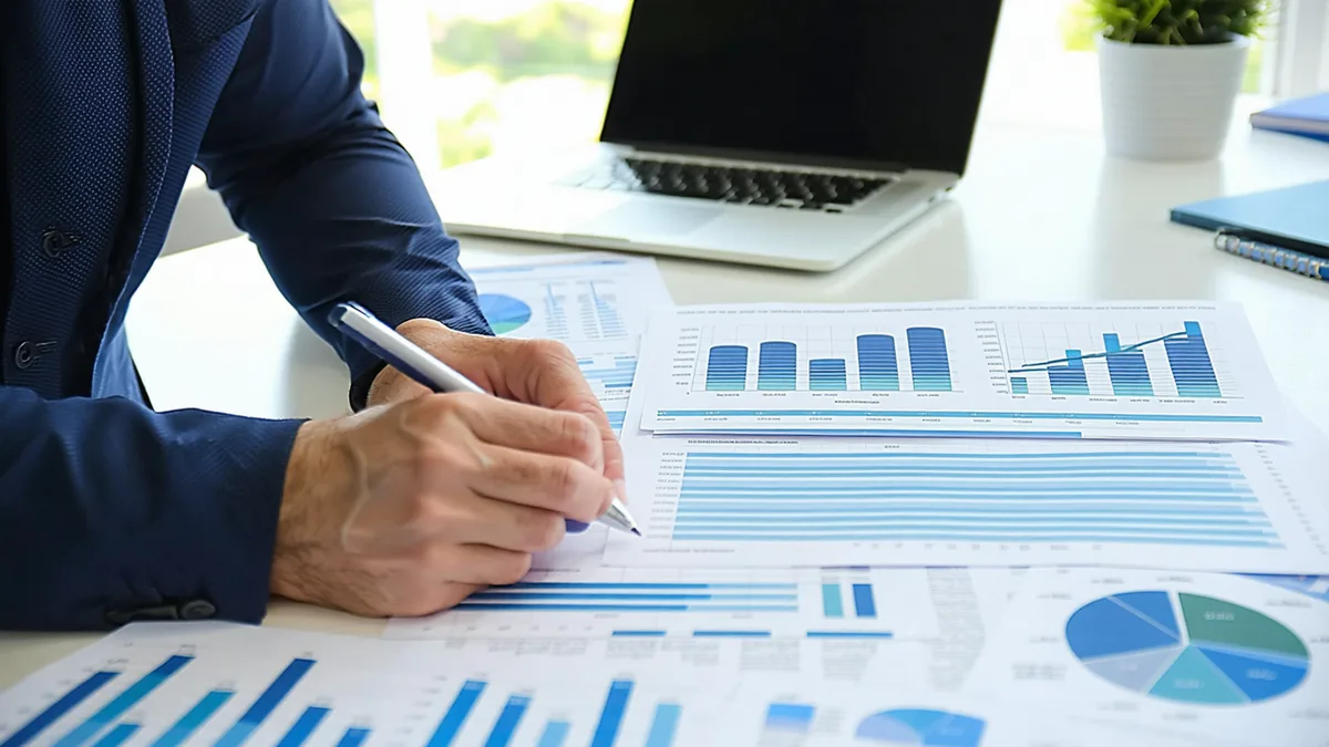 Professional reviewing carbon credit documentation and ESG data reports
