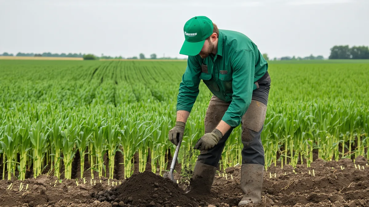 Agricultural scientist taking soil core samples in a regenerative farm field