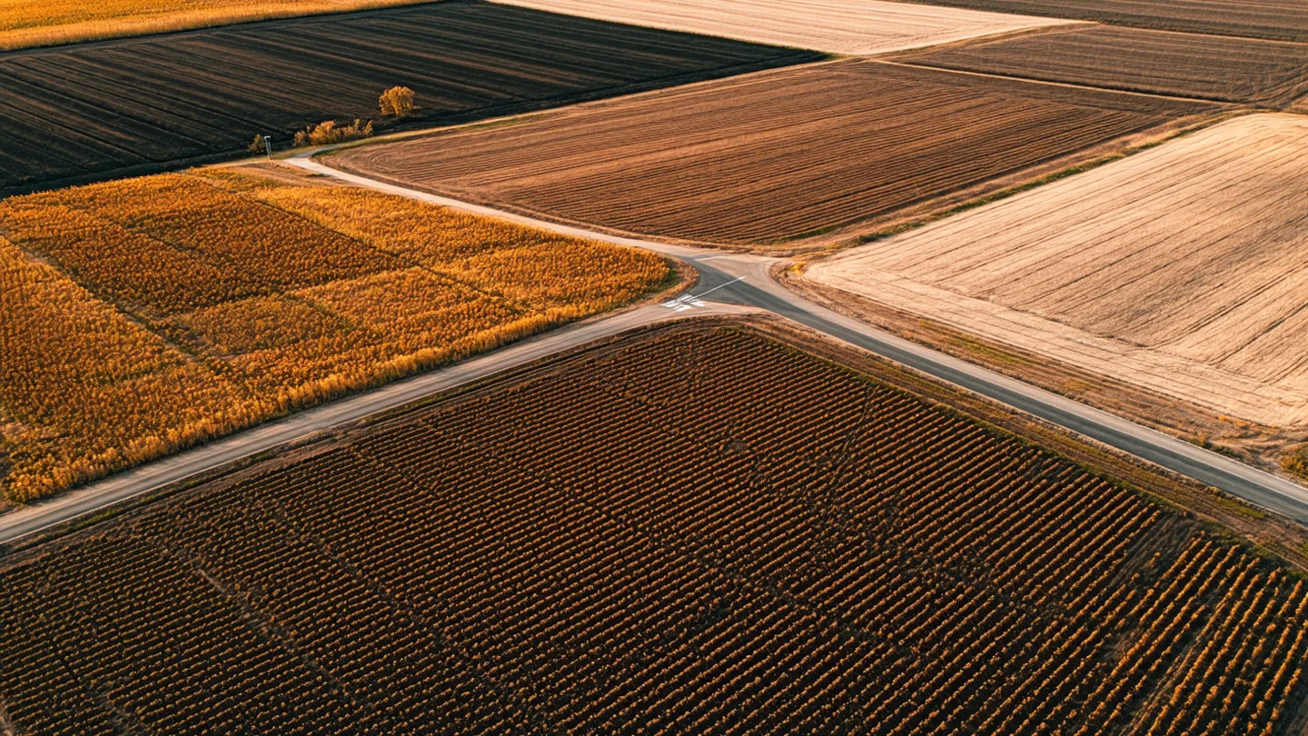 Aerial satellite view of Midwest agricultural fields in a patchwork grid pattern, dark earth tones