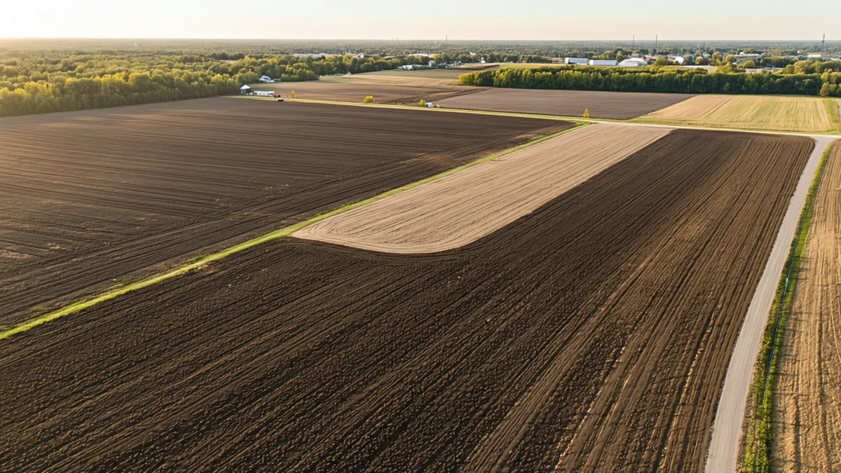 Aerial view of Prairie Ridge Cooperative farming operation across multiple parcels